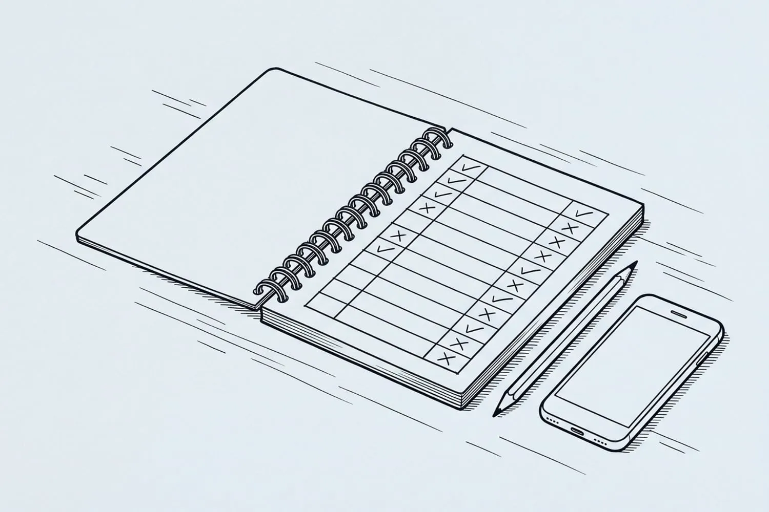 A spiral notebook open to a hand-ruled grid of ten rows, pencil ticks and crosses in most of the boxes, with a pencil and a phone lying beside it on a wooden table