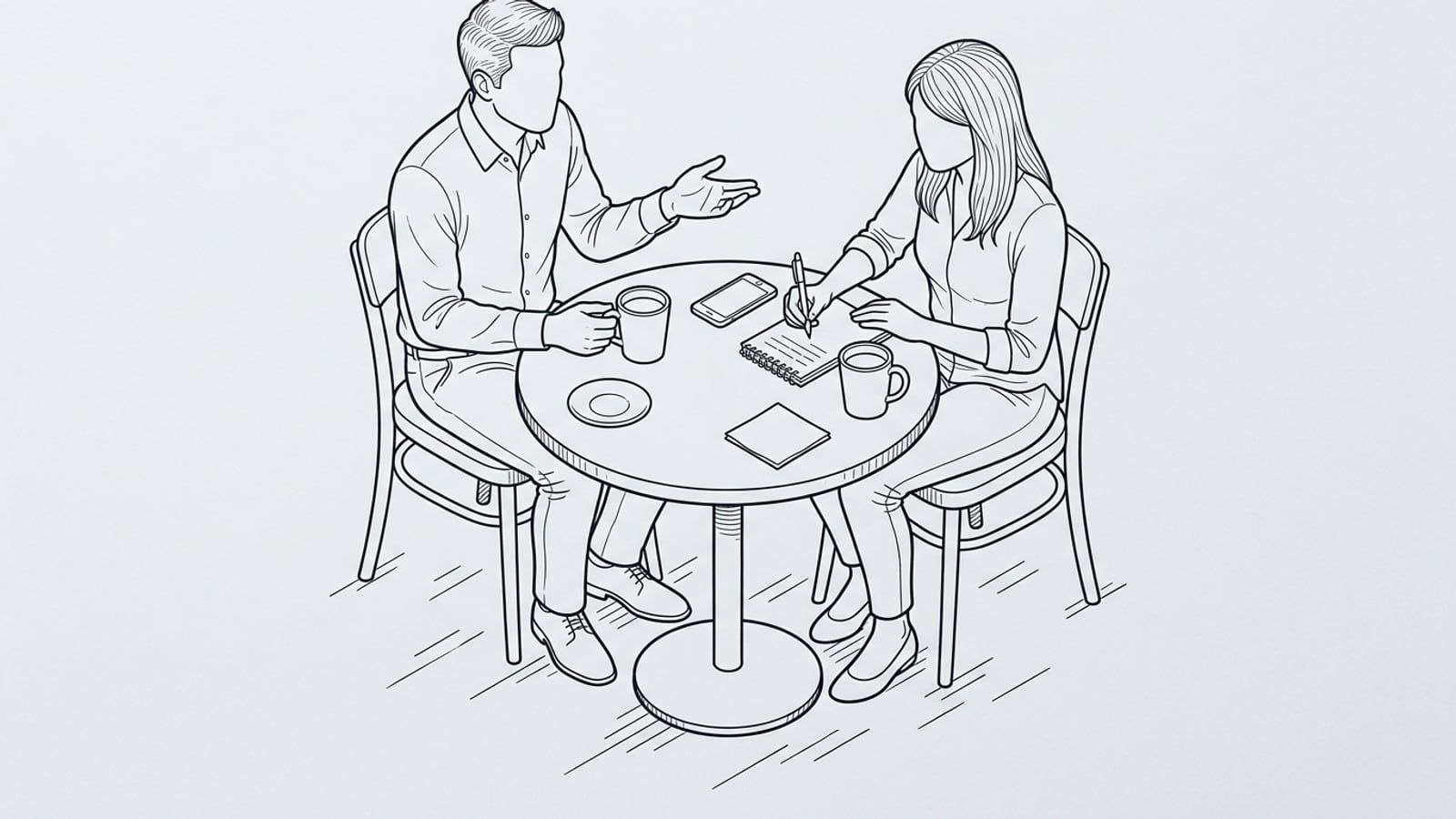 Two people at a small café table, one talking with an open hand while the other listens and writes in a spiral notebook, a phone face down between two coffee cups, faces out of frame
