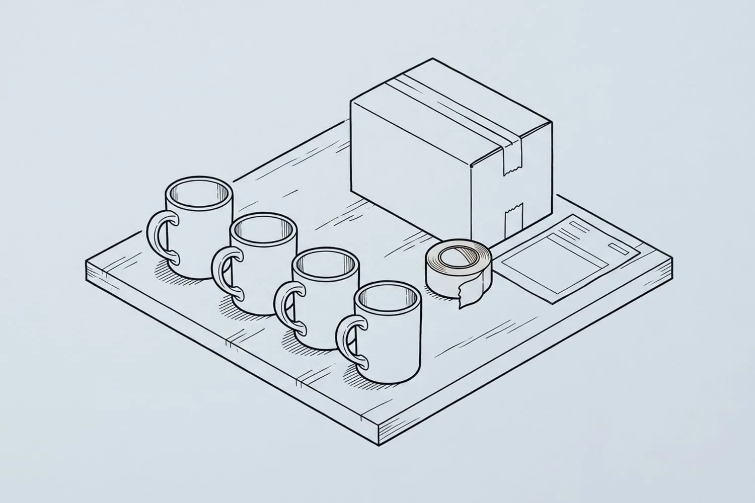 A row of glazed mugs on a wooden workbench beside a packed shipping box, a roll of brown tape and a printed packing slip