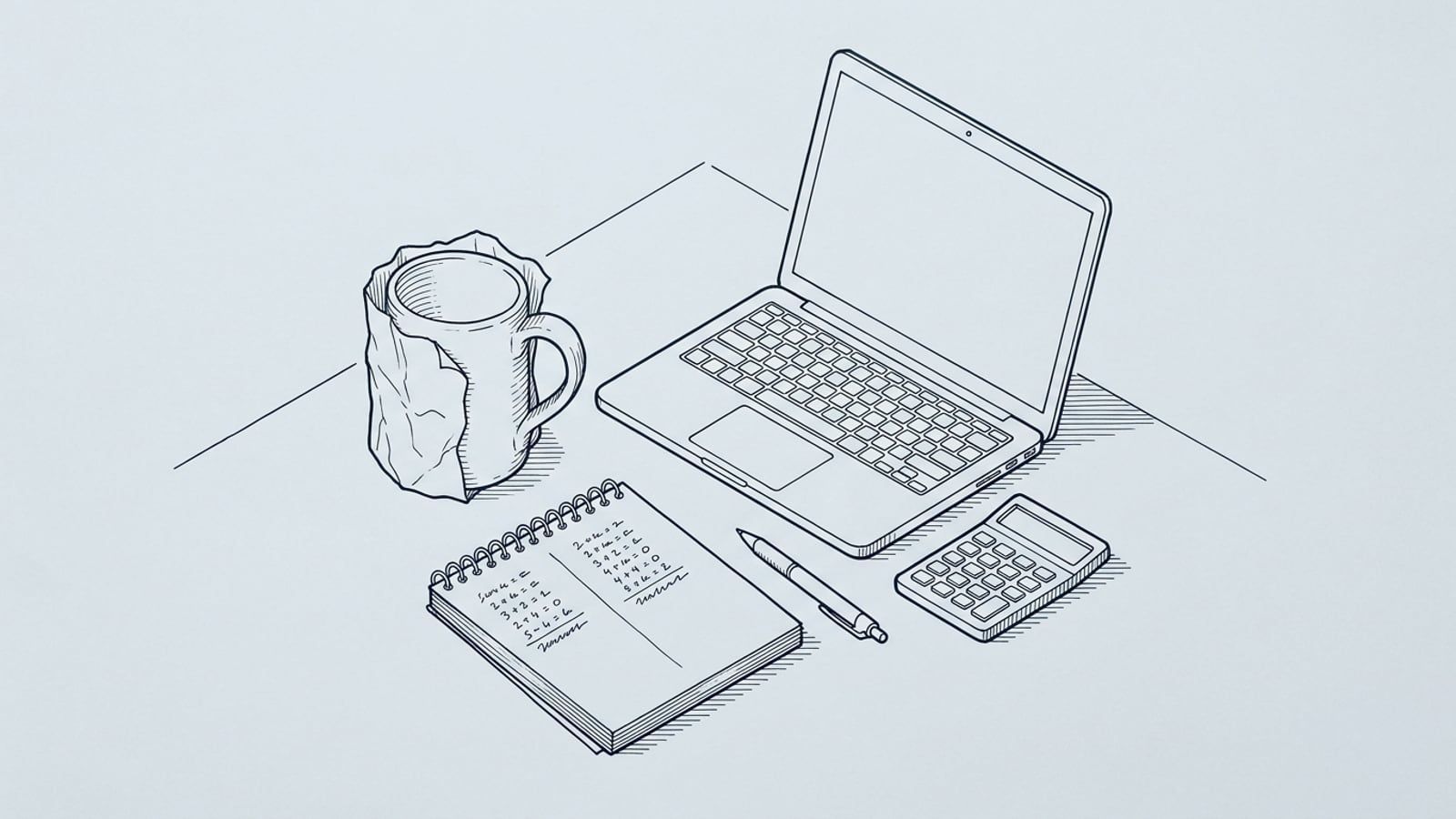 A handmade ceramic mug half wrapped in brown paper on a kitchen table, beside a laptop, a calculator and a notepad with two columns of handwritten fee sums