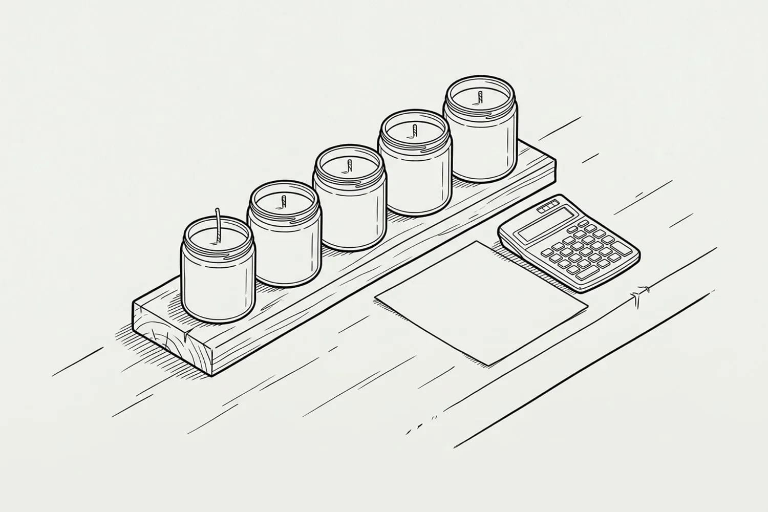 A row of hand-poured candles in amber glass jars cooling on a wooden workbench, with a handwritten list of costs and a calculator beside them