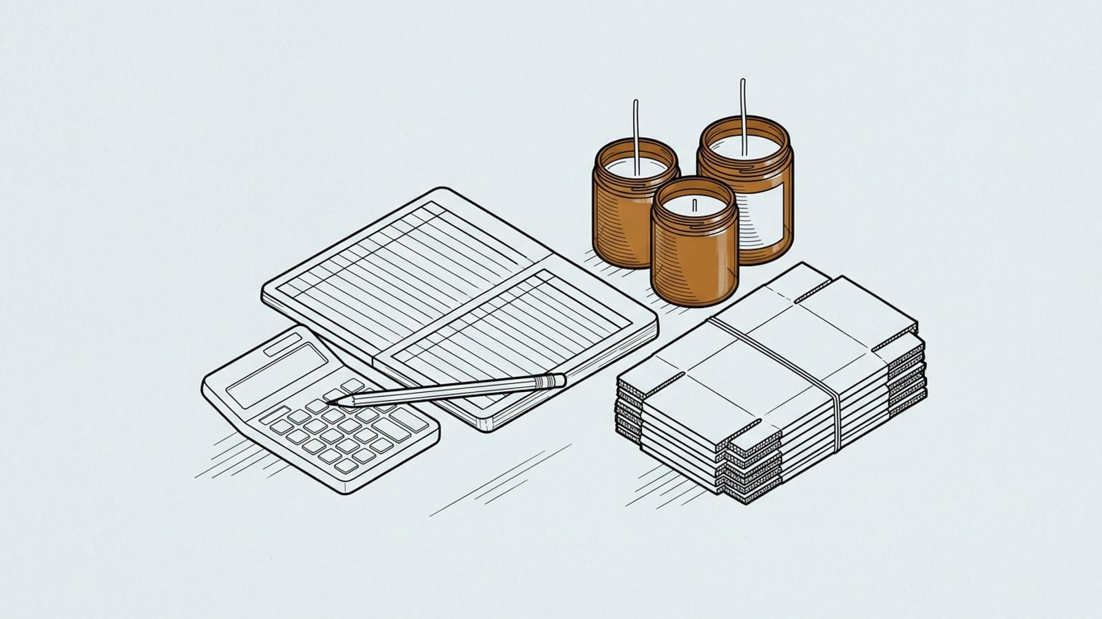 A kitchen table with a calculator, a pencil and a notebook ruled into two columns of costs, beside three candles in amber glass jars and a stack of flat shipping boxes
