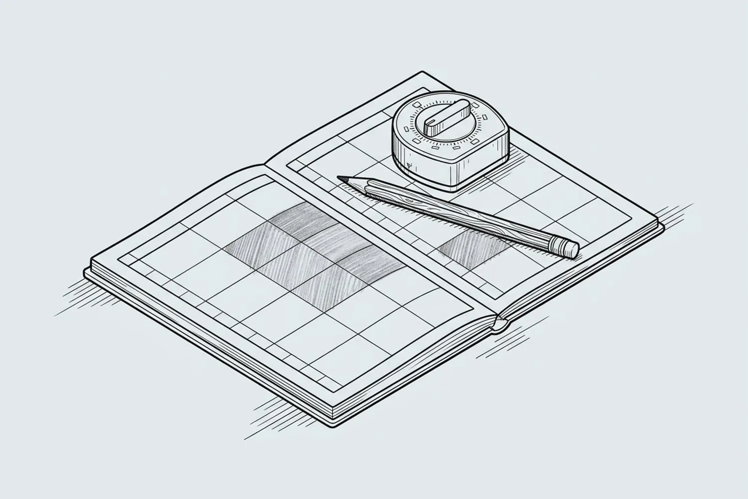 A weekly planner page with two weekday evenings and a Saturday morning shaded in pencil, a pencil and a mechanical kitchen timer lying across the page