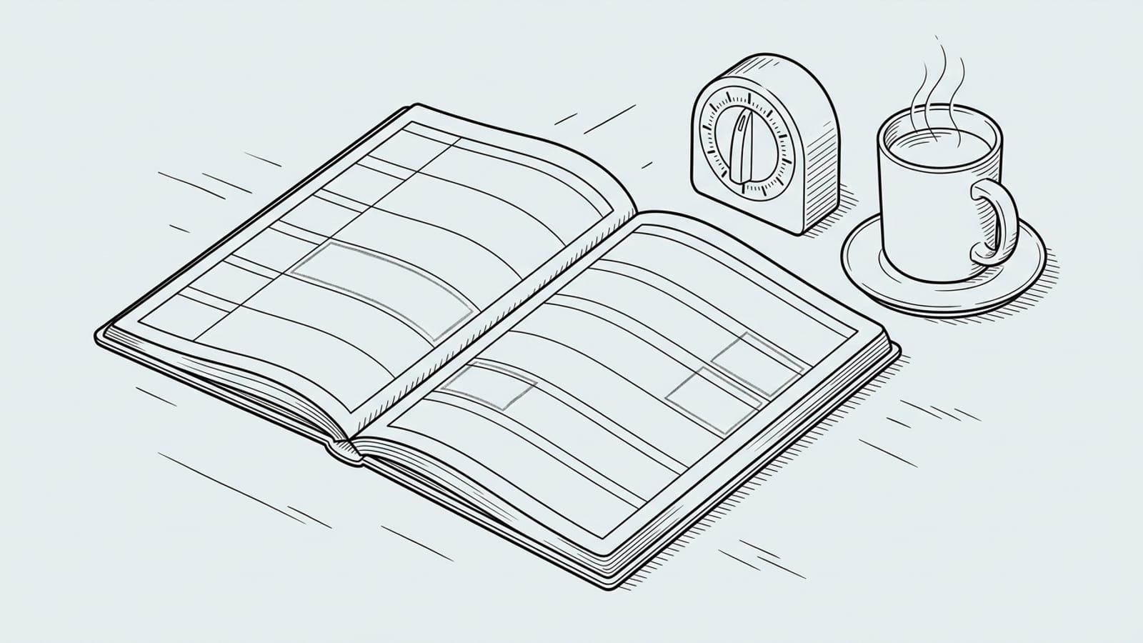 A paper weekly planner open on a wooden desk, two weekday evenings and a Saturday morning marked off in pencil, with a mechanical kitchen timer and a mug of coffee beside it
