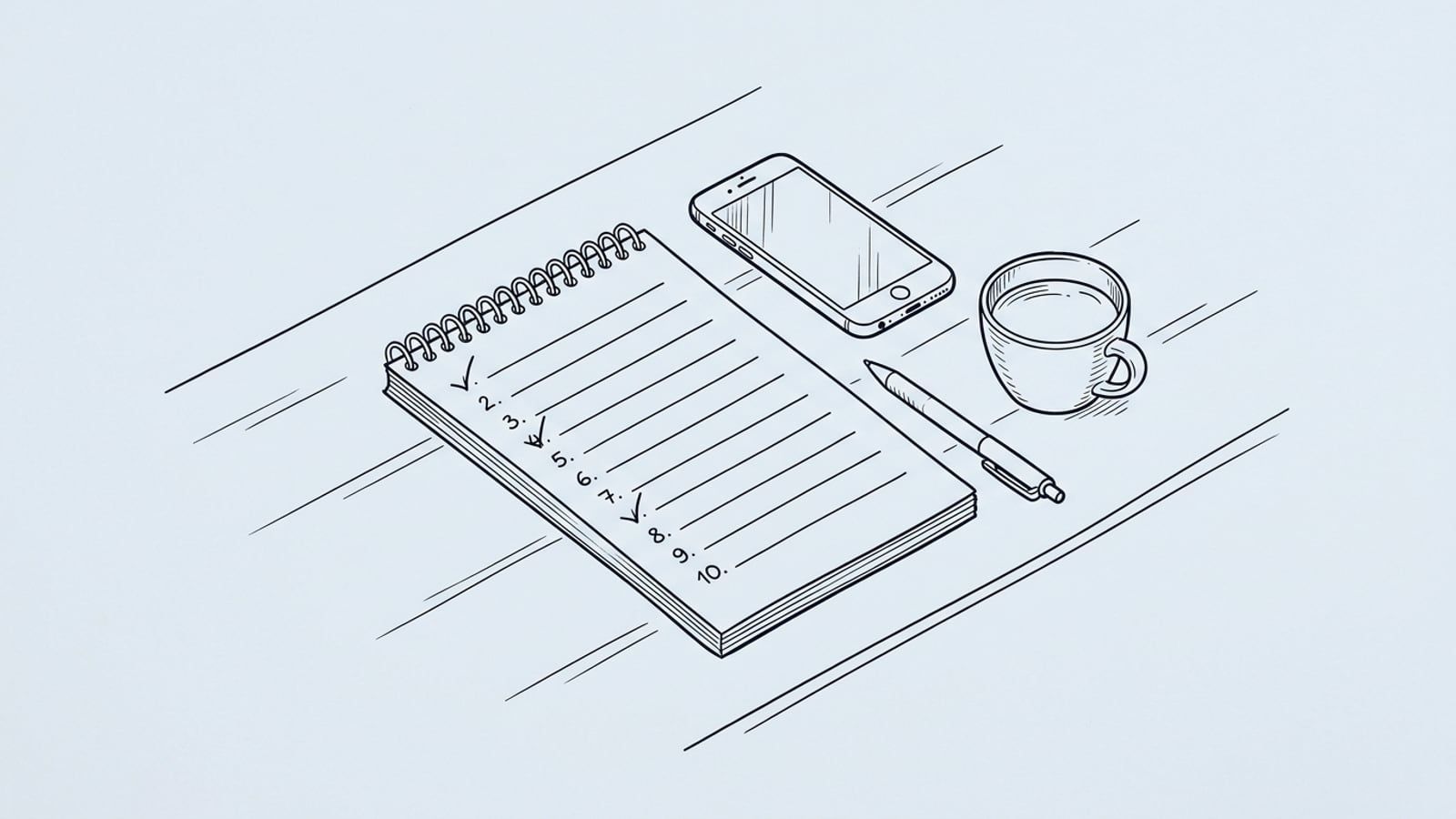 A spiral notepad on a cafe table with a handwritten list of ten numbered lines, three of them ticked in pencil, beside a phone lying face down, a pen and a cup of coffee