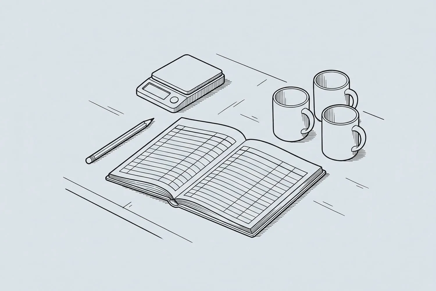 A notebook open to a hand-ruled table of costs for one mug, with a pencil, a small digital scale and three finished mugs on a workbench
