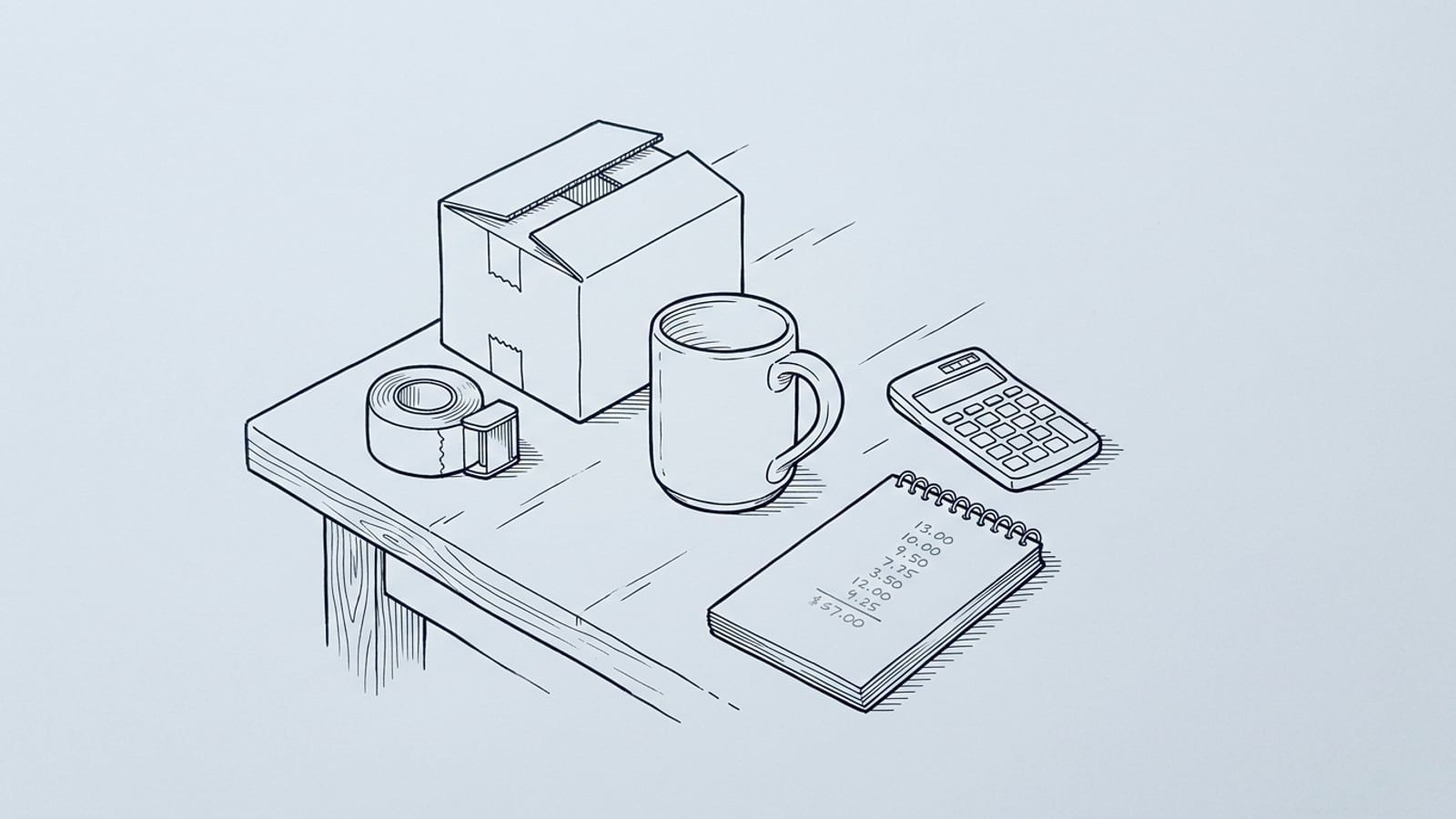 A handmade ceramic mug on a kitchen table beside a shipping box, a roll of packing tape, a calculator and a notebook with a column of costs added up in pencil