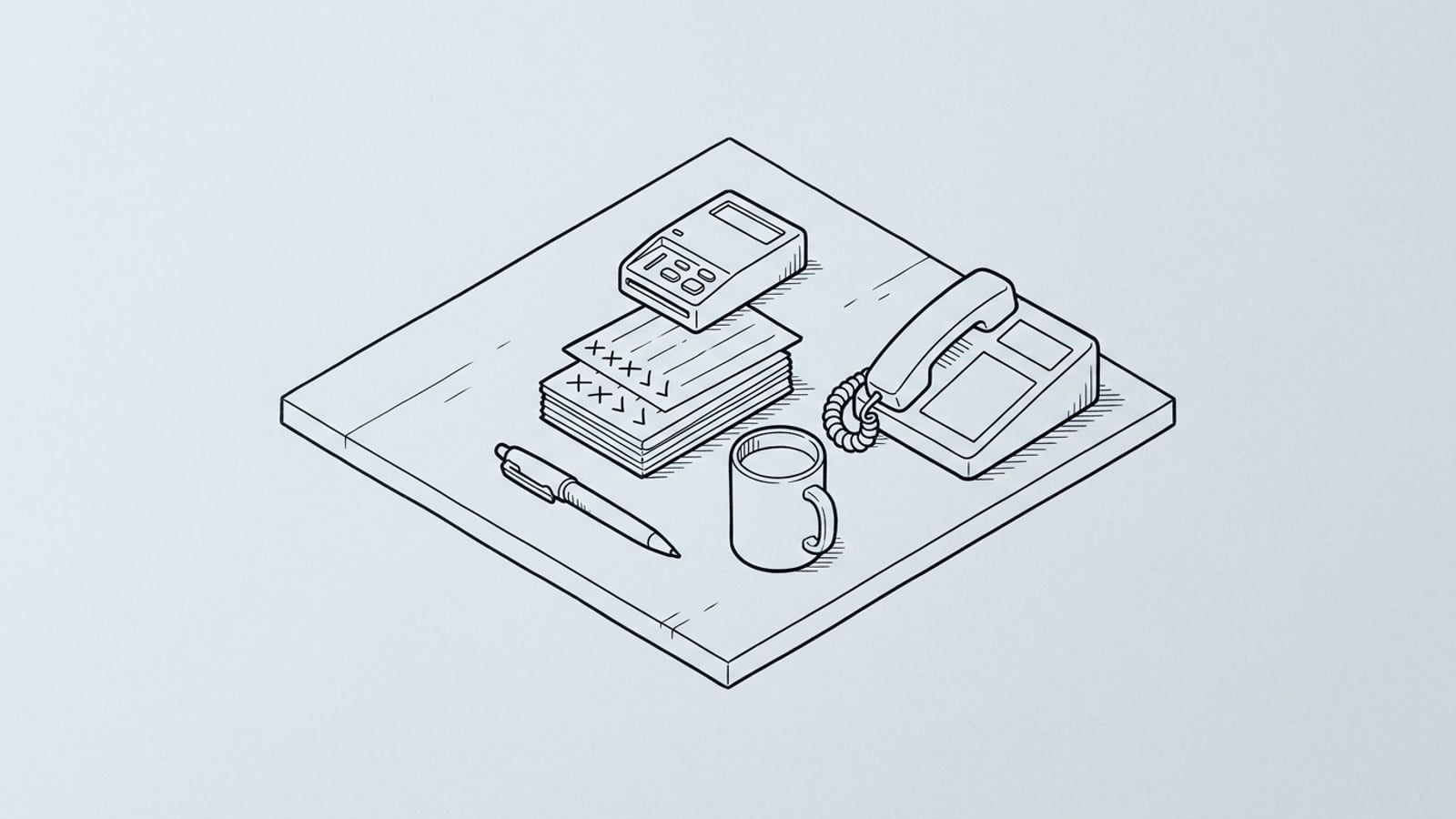 A kitchen table with a small stack of index cards marked in pencil ticks and crosses, a phone, a pen and a mug, and a small card reader resting on top of the cards