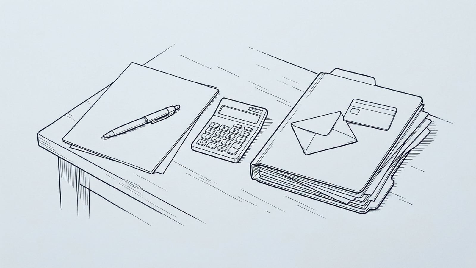 A kitchen table with two piles of paper: a single sheet with a pen on it, and a thick folder of state forms with an envelope and a bank card, a calculator set between the two