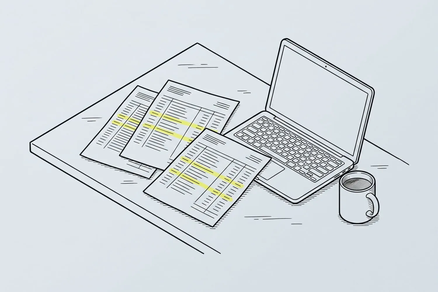 Three months of bank statements spread across a desk, the repeating charges marked in yellow highlighter, next to a laptop and a mug of coffee