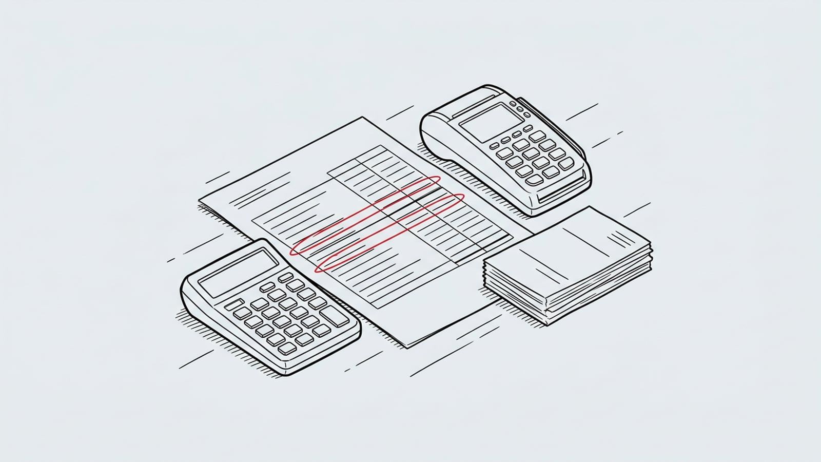A printed profit-and-loss report on a small shop counter, three lines circled in red pen, beside a calculator, a card reader and a short stack of unpaid invoices