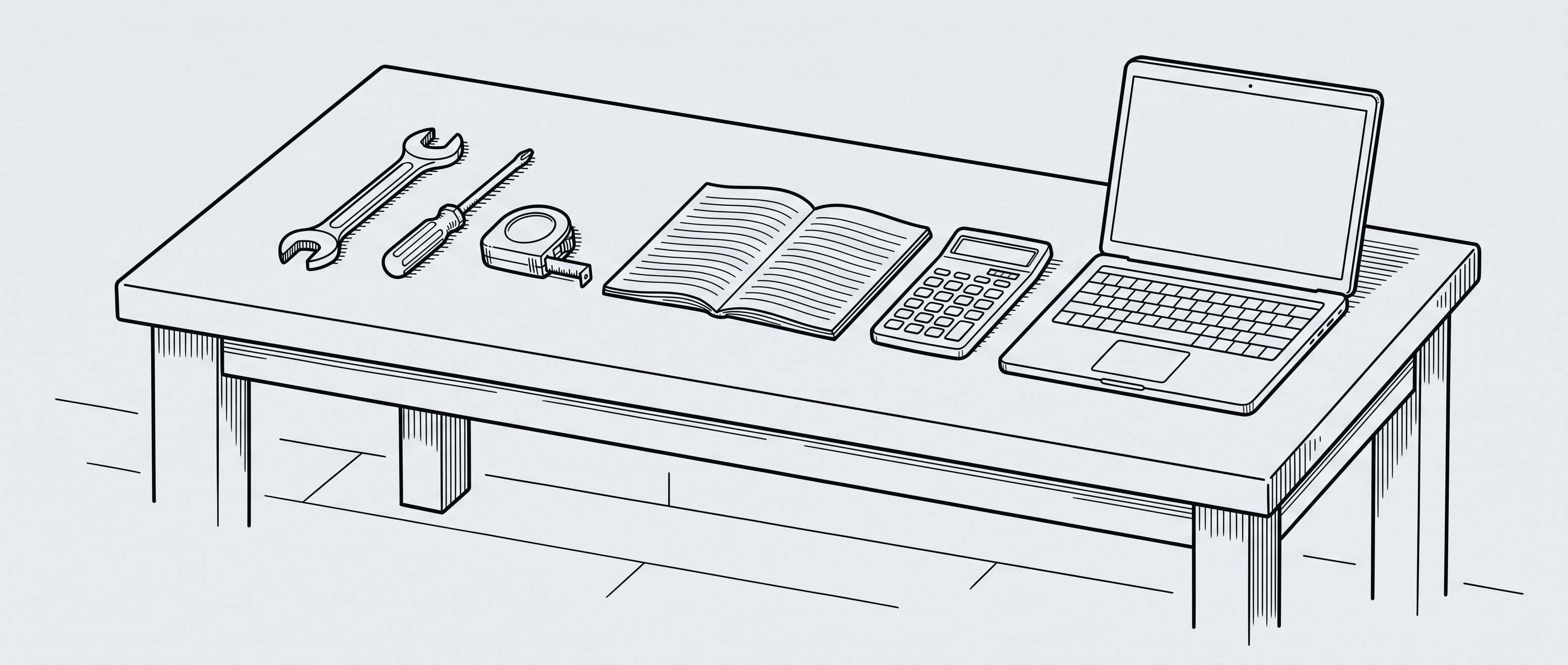 A line drawing of a workbench laid out with a laptop, a notebook, a calculator and a few hand tools in a row