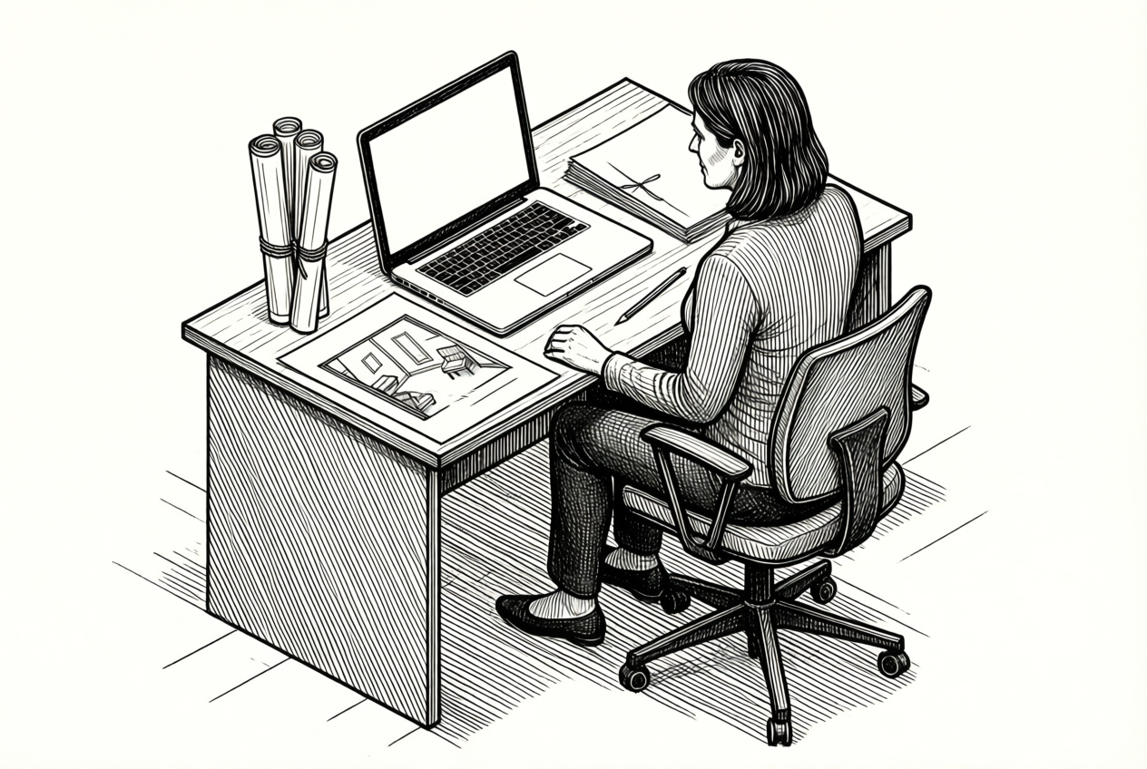 Woman at desk with laptop and architectural plans in clean black ink style