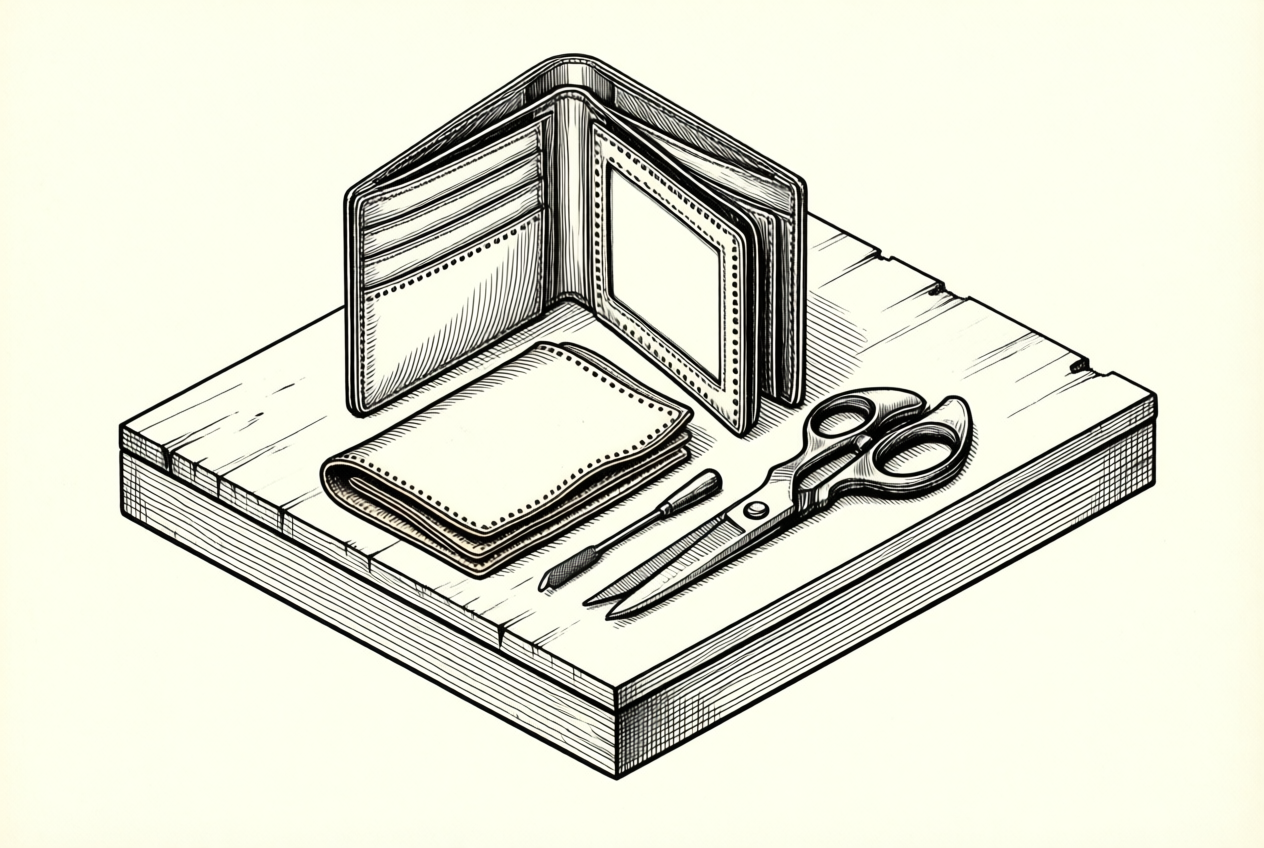 Technical line drawing of an open wallet, leather hide, shears, and awl on a workbench.