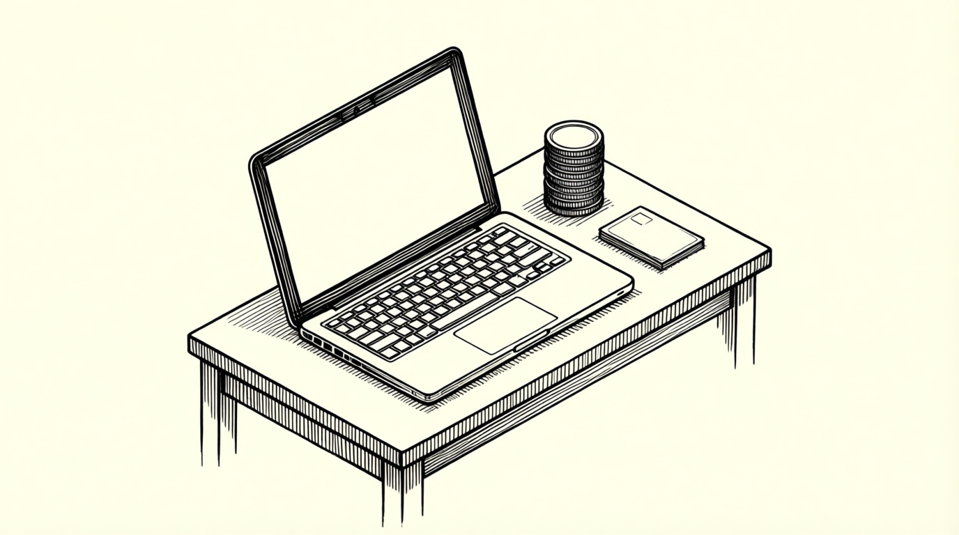Isometric line drawing of a laptop, coins, and card on a desk.