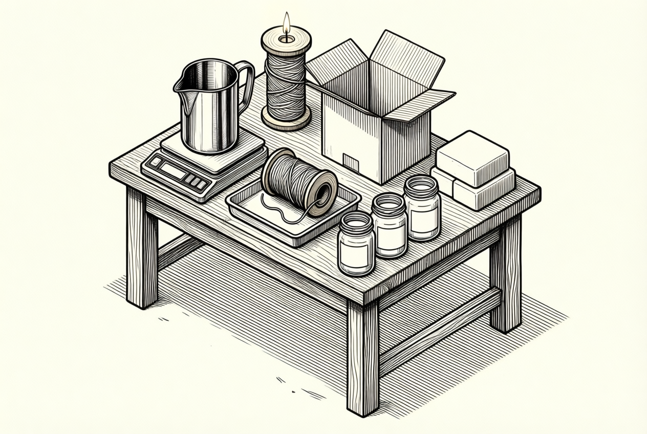 Isometric line drawing of a candle-making workbench with scale, wick, jars, wax, and shipping supplies.