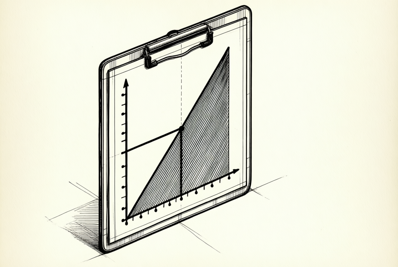 A technical line drawing of a break-even chart on a clipboard, showing fixed costs and profit margins.