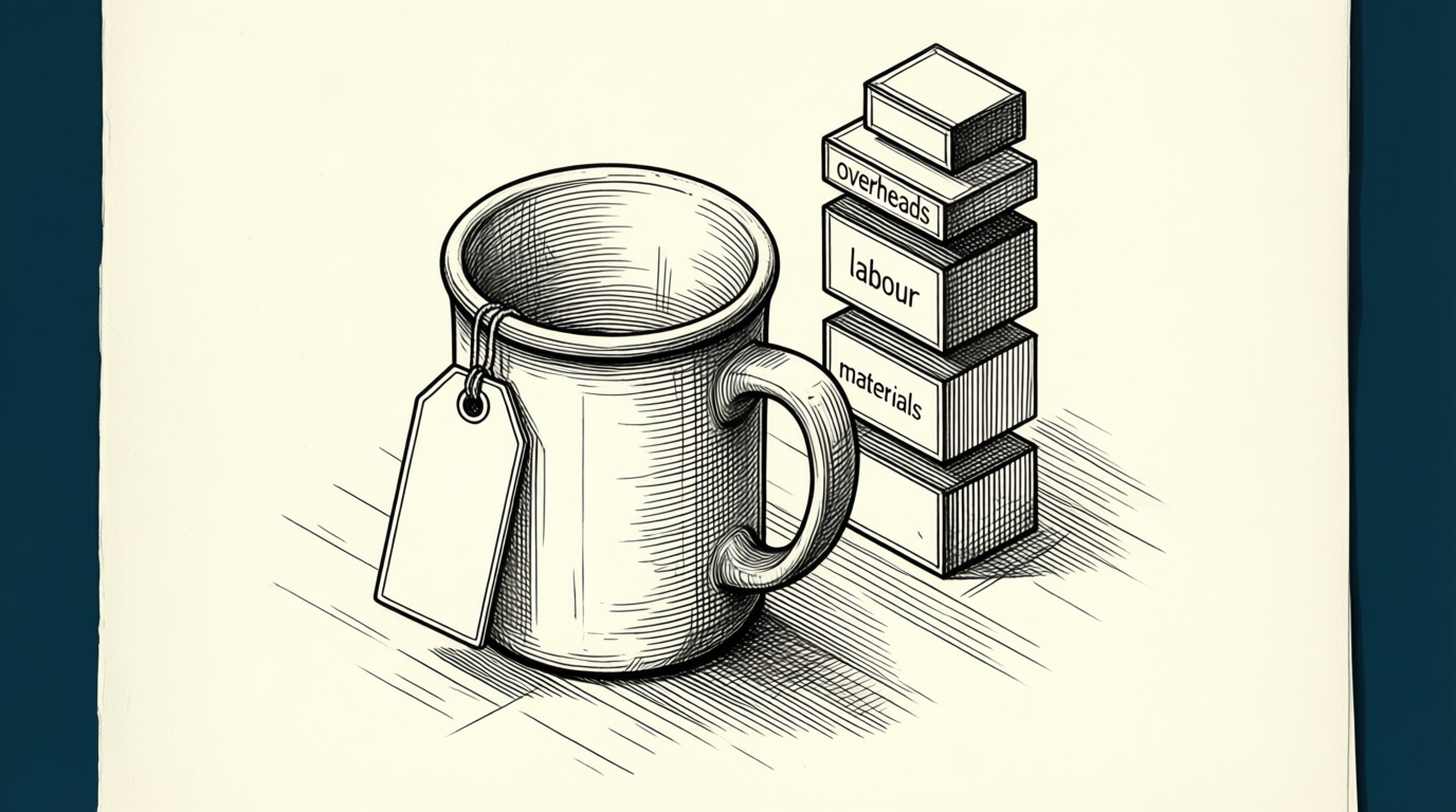 Line art of a mug beside stacked blocks representing costs and margin, with a blank tag on the handle.