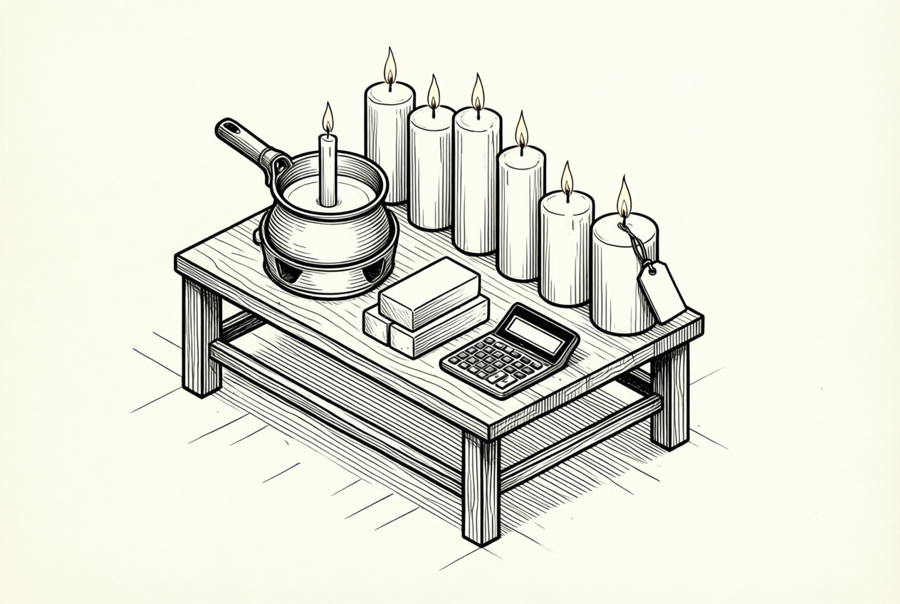 Line drawing of a candle maker's workbench with finished candles, wax pot, blocks, and calculator.