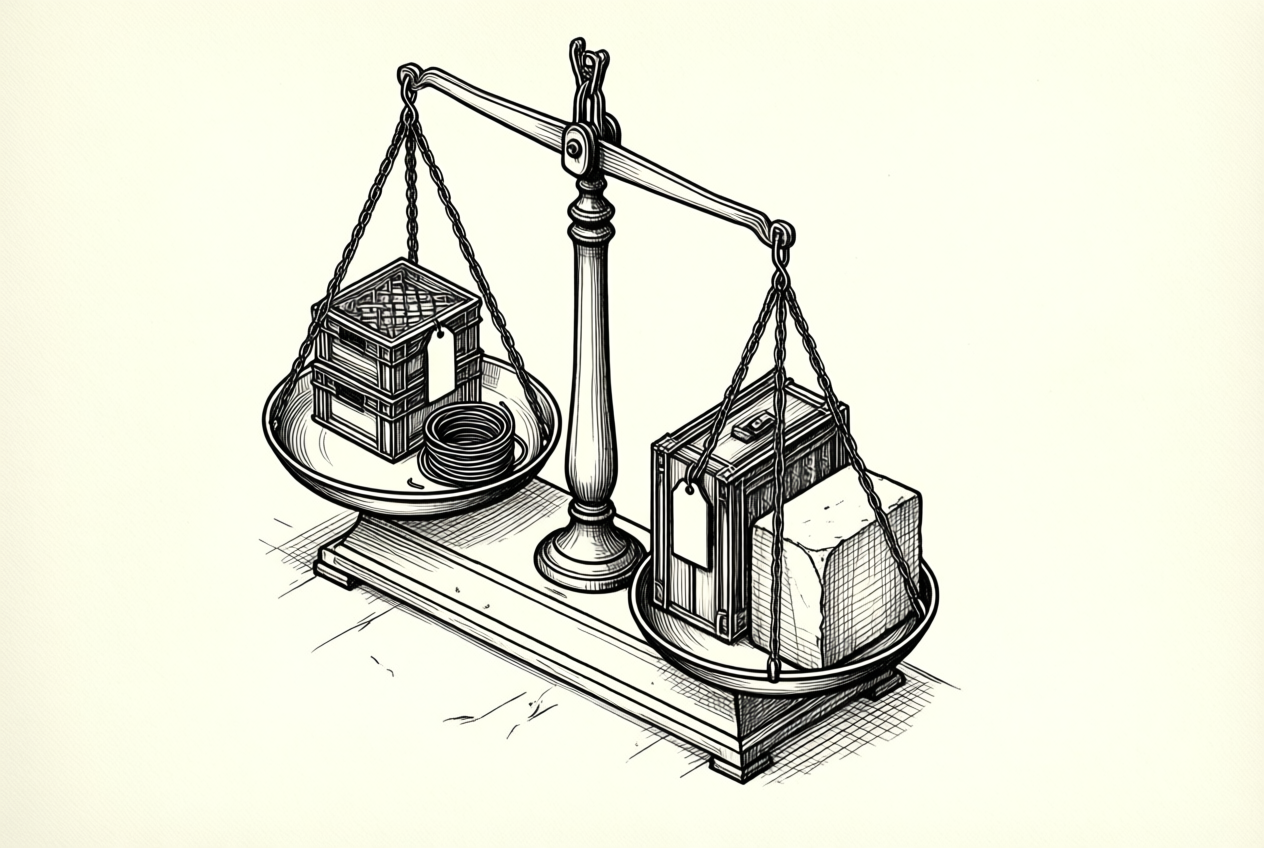 A line drawing of a balance scale tipped heavily to the right, holding tools and blocks, while the left pan holds lighter crates and wire.