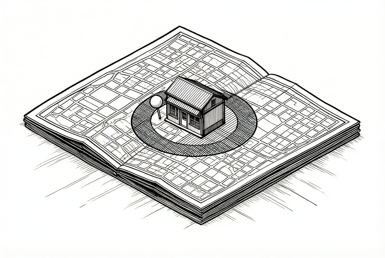 A minimalist ink illustration of a folded street map with a shop pin on an off-white background.