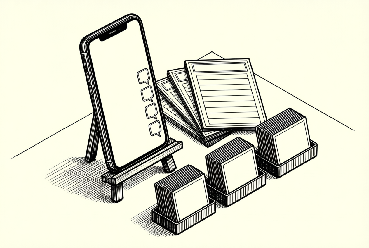 Isometric line drawing of a smartphone on an easel with speech bubbles, feedback cards, and sorted card trays.