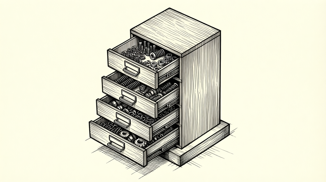 Isometric line drawing of a wooden sorting cabinet with five drawers holding sorted hardware parts, top drawer open.