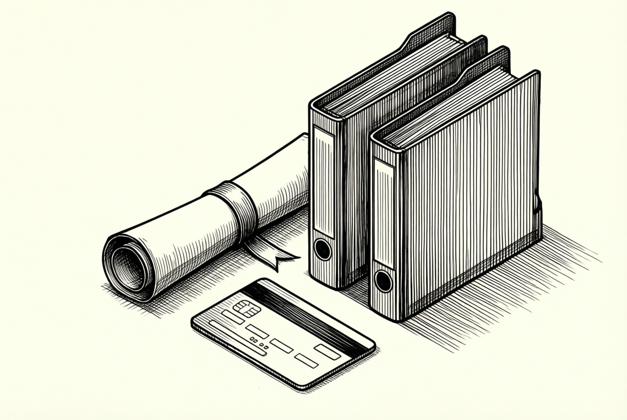A line drawing shows a rolled certificate, bank card, and two ledger folders on a table.