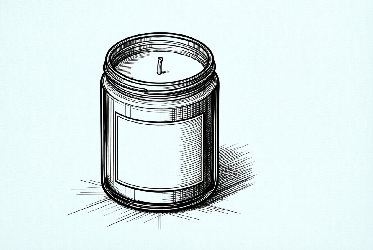 Technical line drawing of a hand-poured candle in a glass jar with an unmarked label.