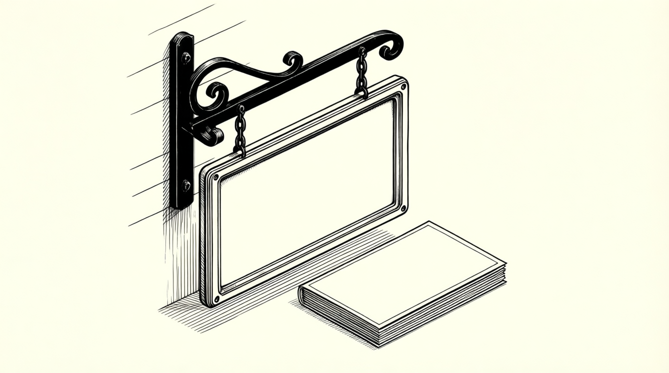 Technical line drawing of a blank hanging shop sign and certificate on an iron bracket with sparse hatching.