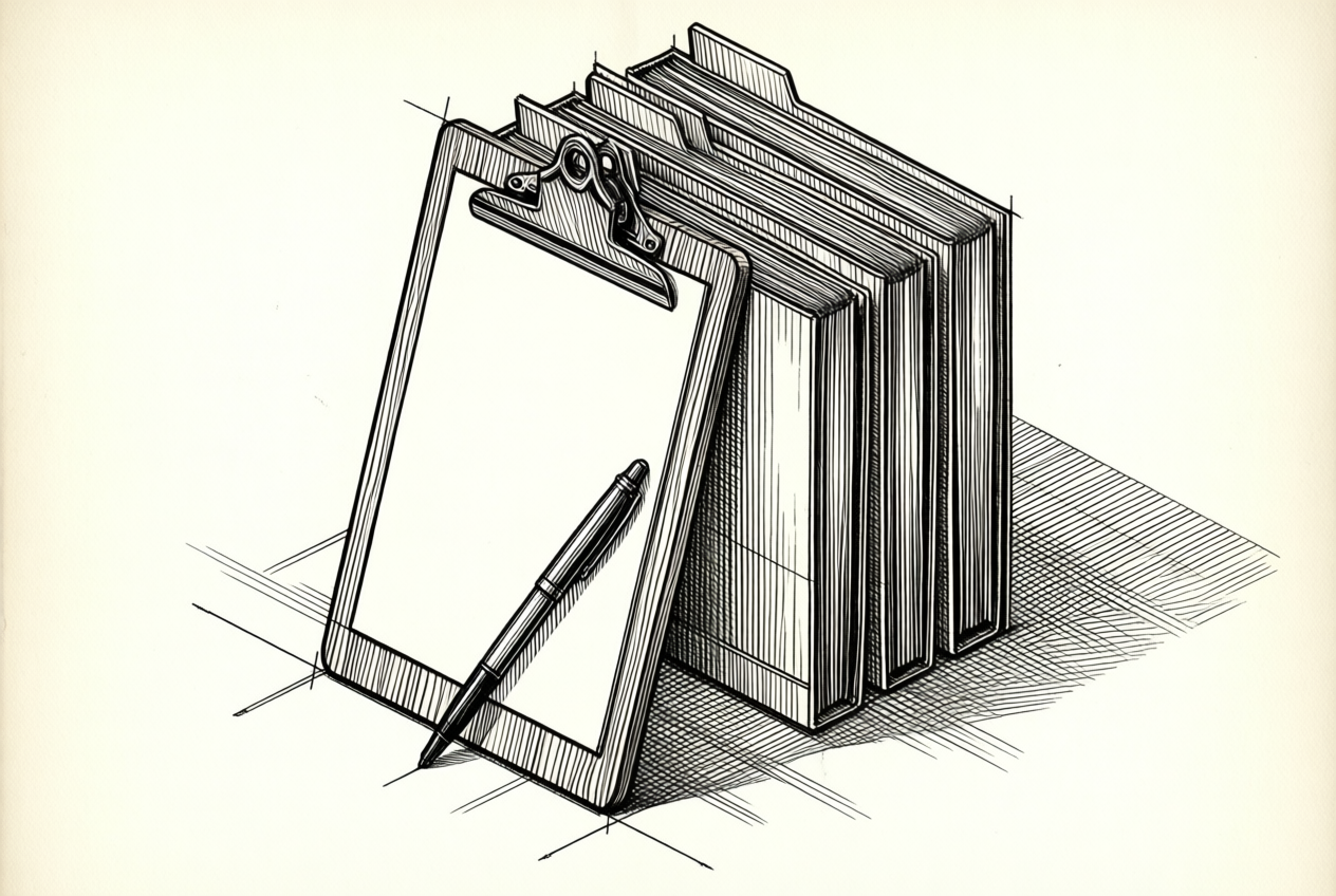 A technical line drawing of a clipboard, pen, and folders on an off-white background.