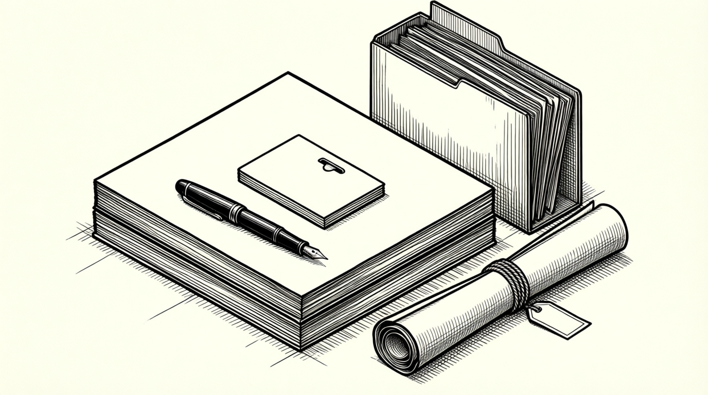 Isometric line drawing of blank forms, a card, folders, and a fountain pen on a table.
