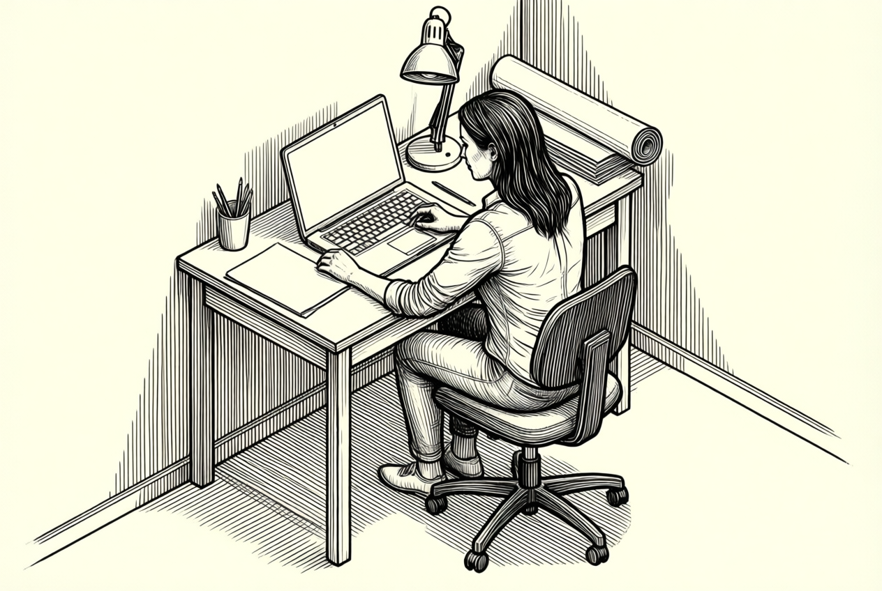 Technical line drawing of a freelance designer working at her desk with a laptop and supplies.