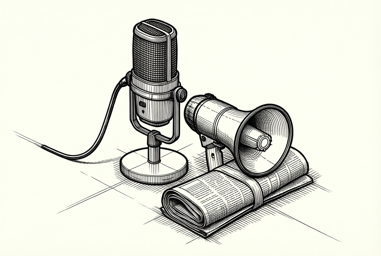 Isometric technical illustration of a microphone, megaphone, and rolled newspaper on off-white paper.