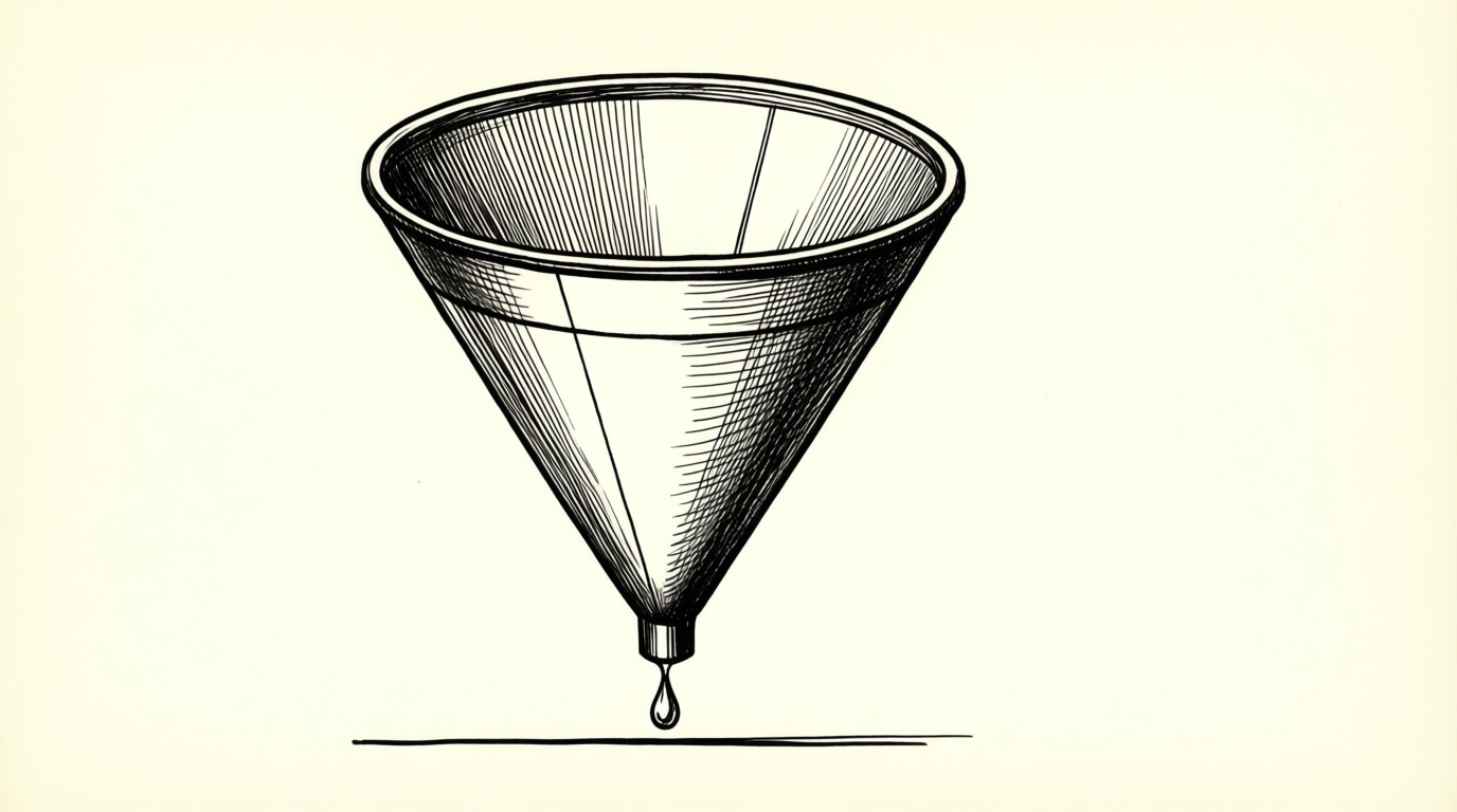 A technical line drawing of a metal funnel with a single drop falling from its spout.