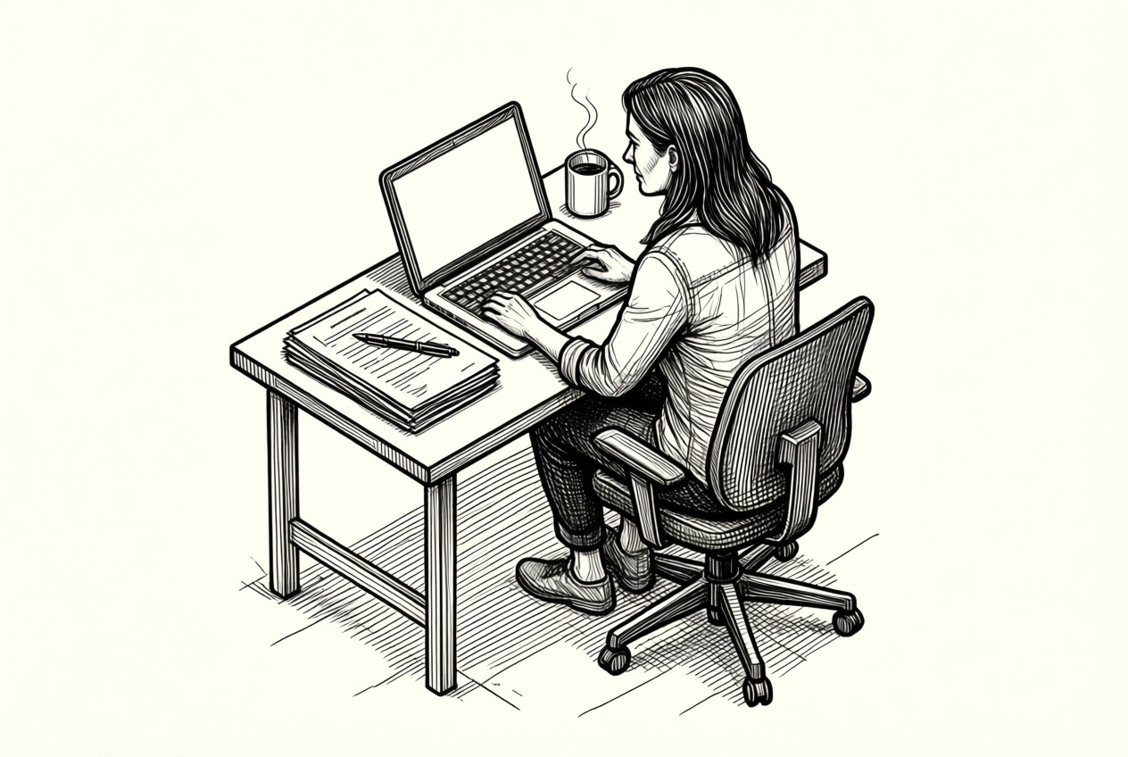 A technical line drawing of a freelance web designer at her desk with a laptop, documents, and a steaming mug.