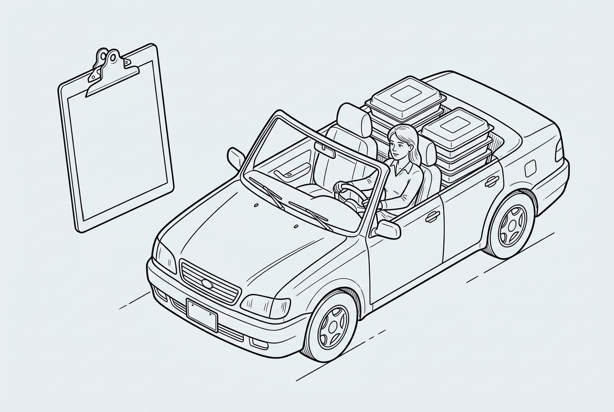 Technical line drawing of a woman with catering trays and a clipboard, styled like a workshop manual.