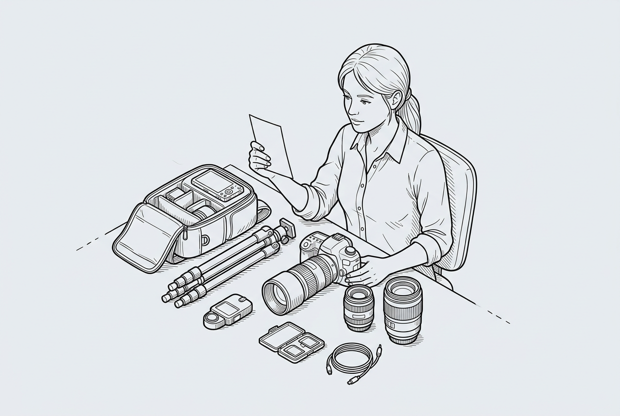 A technical line drawing of a freelance photographer holding a receipt next to camera gear on a desk.