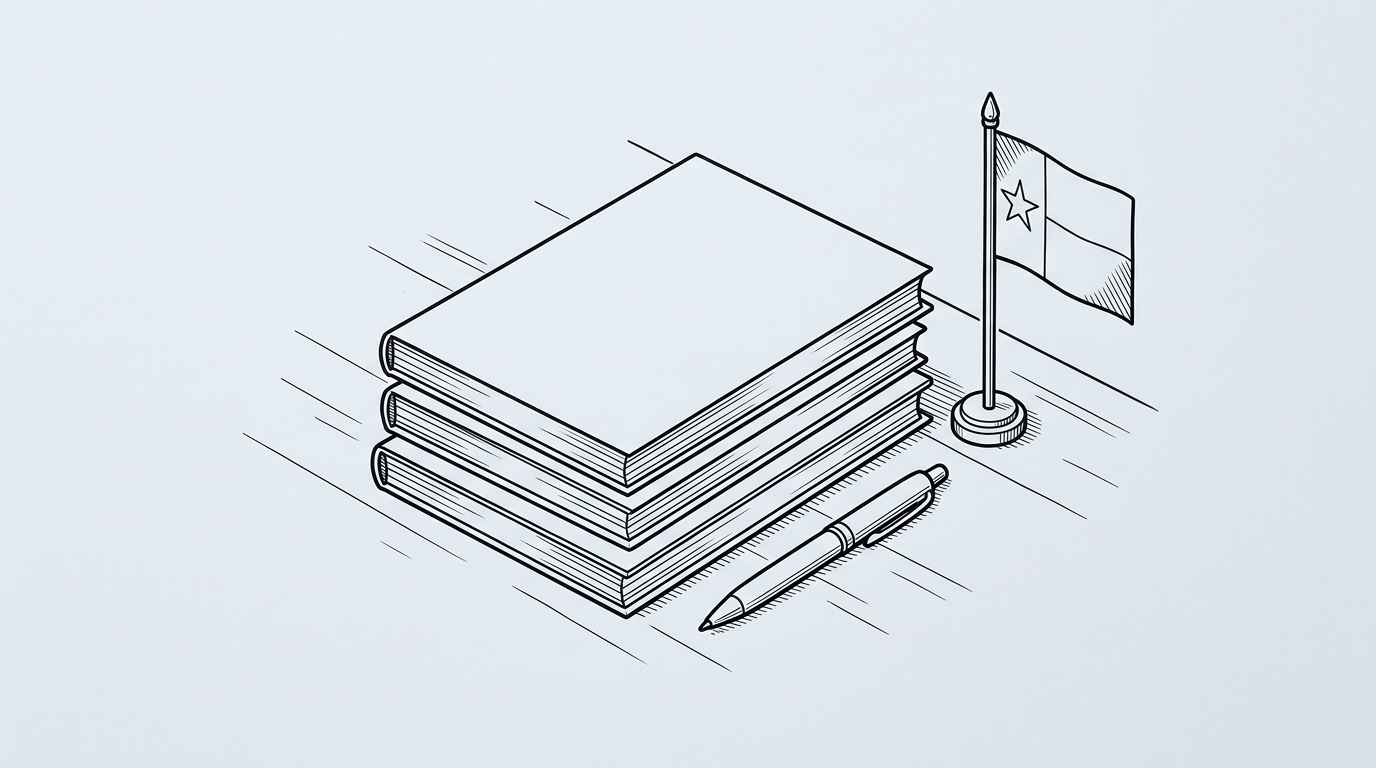 Technical line drawing of legal documents, a pen, and a Texas flag on a desk.